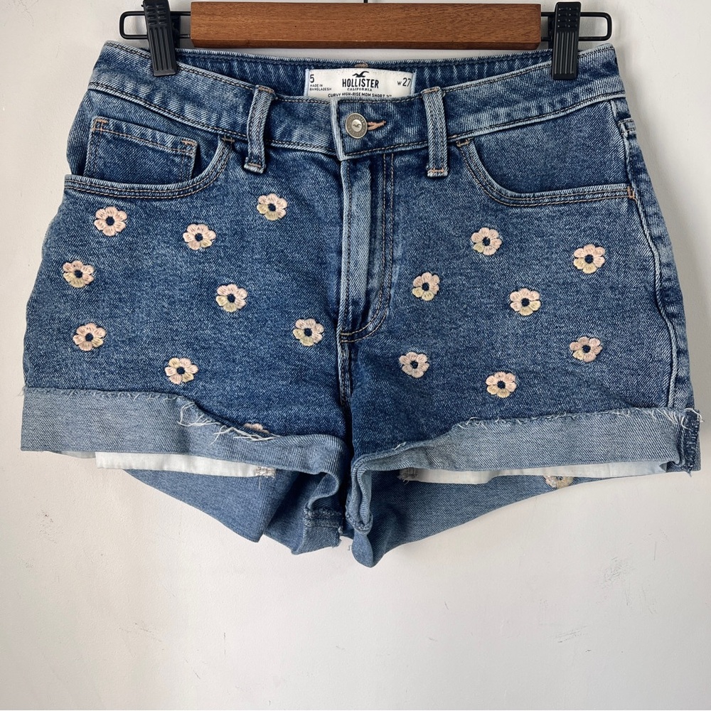 Hollister Blue Jean Shorts with Floral Embroidery Design